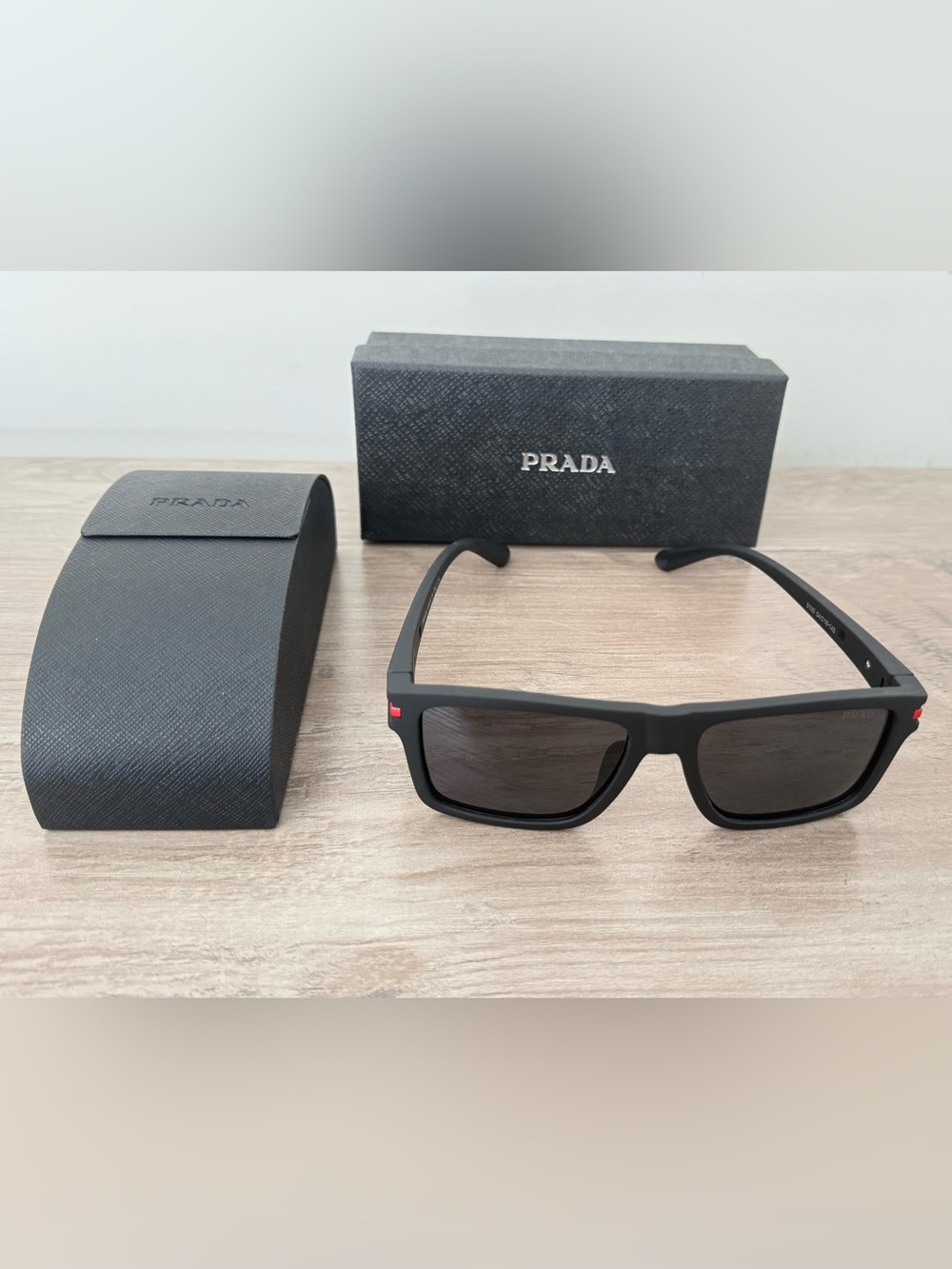 Prada Linea Rossa Black Rectangular Sunglasses 54-18-143 w/ Case & Box